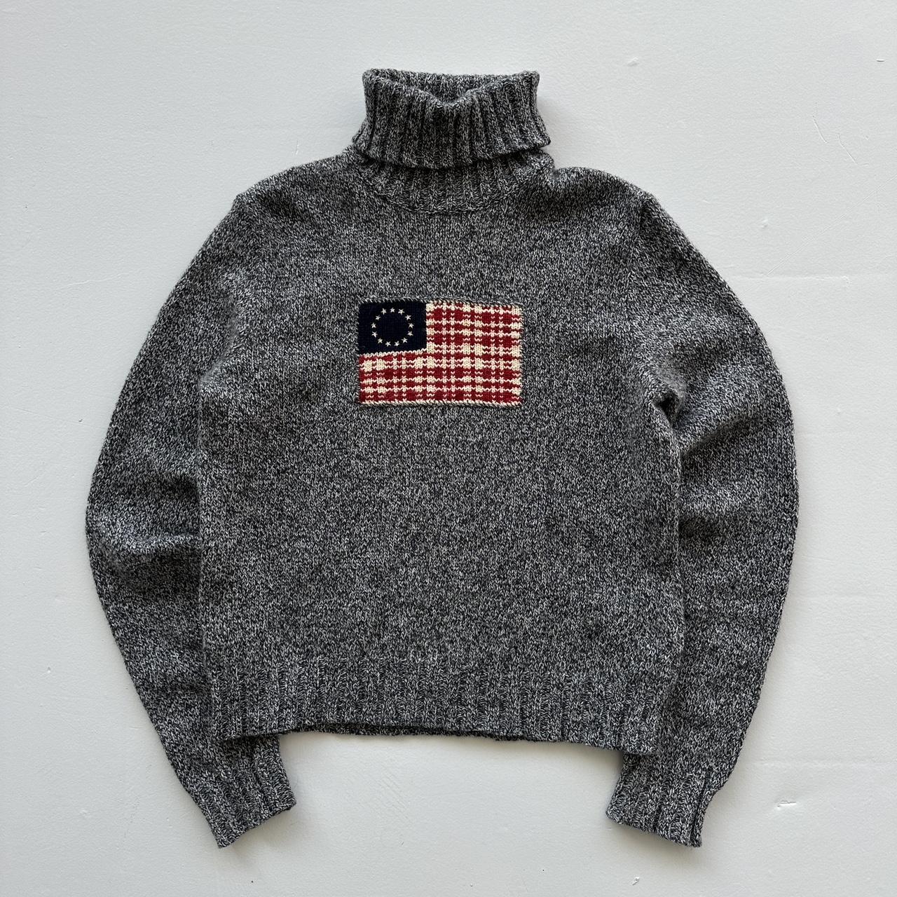 Grey Polo Ralph Lauren Vintage Flag Patch Turtleneck Knitted Sweatshirt - Womens Medium Size 10