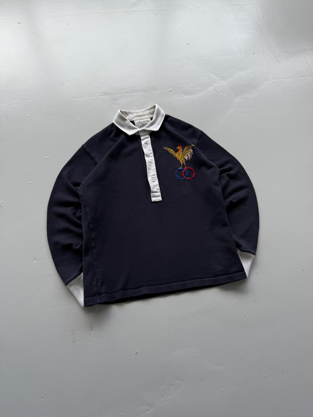 Navy Blue French Rugby 90's Vintage Long Sleeve Jersey Polo - Medium