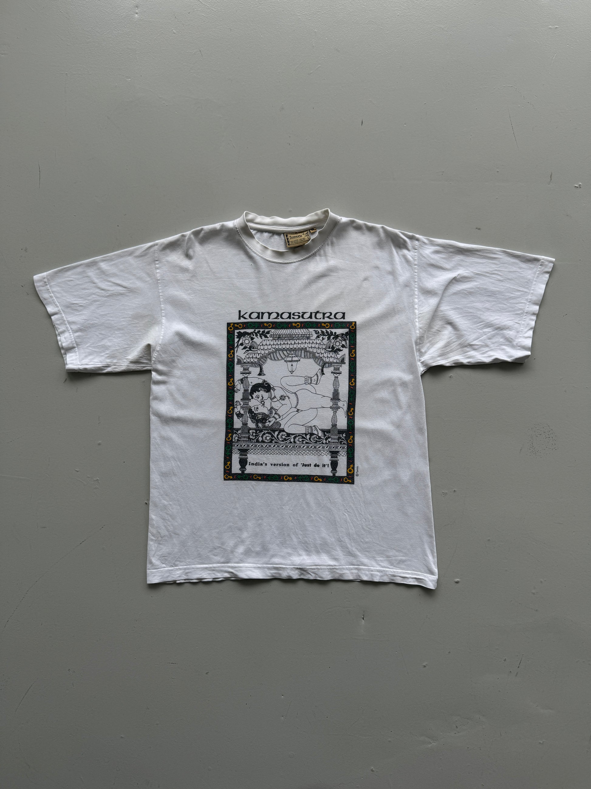 White Karmasutra 00's Vintage Graphic Novelty Slogan T-Shirt - Medium