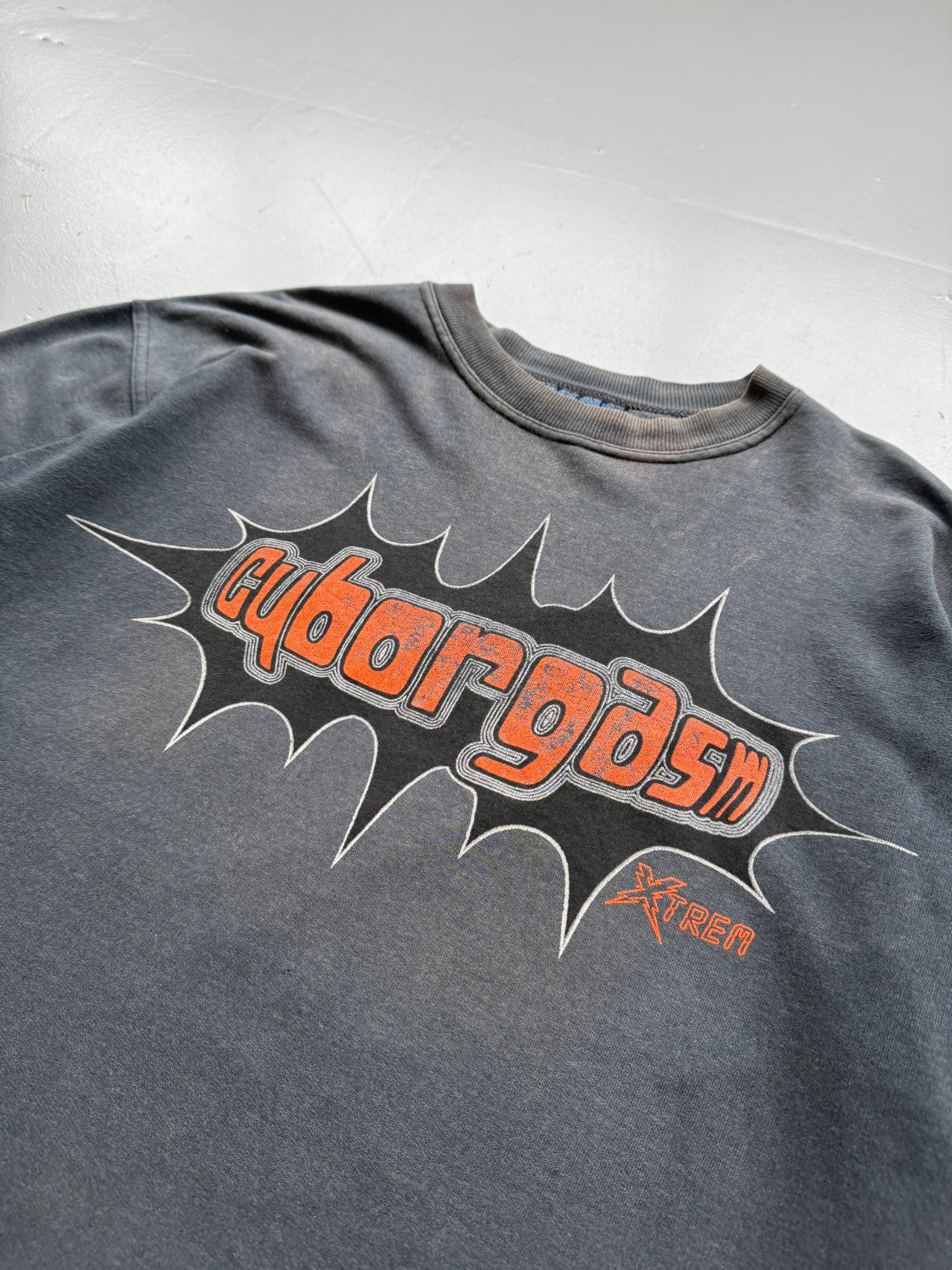 Faded Grey Cybergasm 90's Vintage Sci-Fi Rave Graphic Sweatshirt Jumper - XL