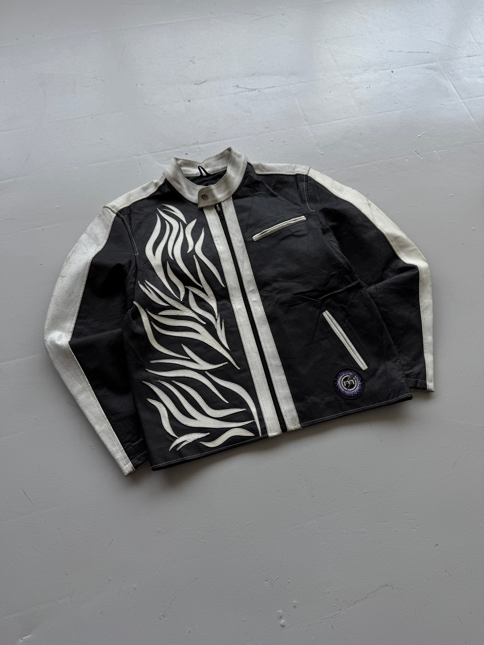 Black Leather Y2K Vintage Tribal Motorbike Jacket - Medium
