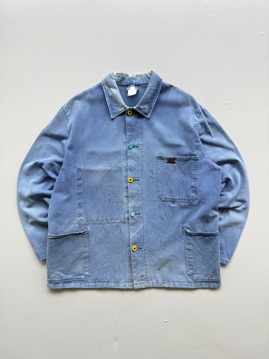 Faded Blue Thrashed French Chore Jacket 80's Vintage Workwear CH219 - Medium