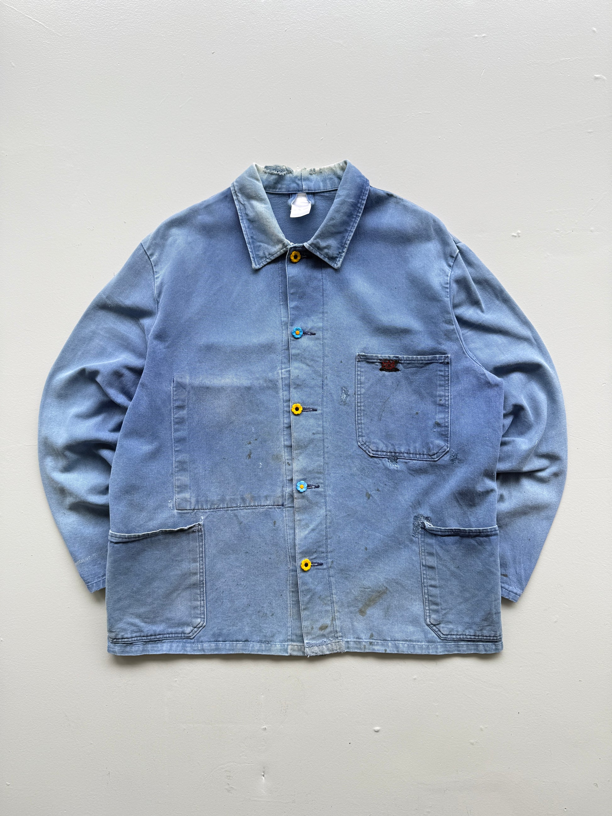 Faded Blue Thrashed French Chore Jacket 80's Vintage Workwear CH219 - Medium