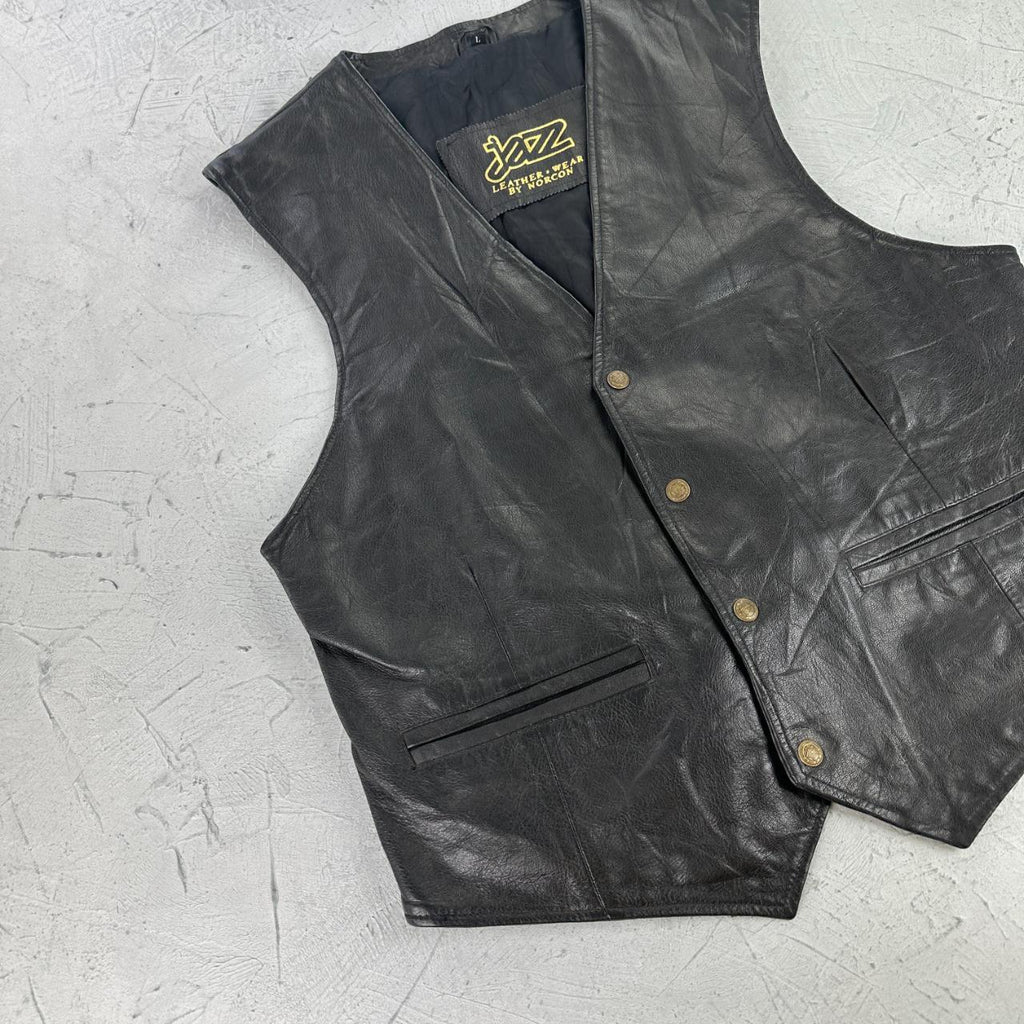 Black Leather 90s Western Waistcoat - Medium