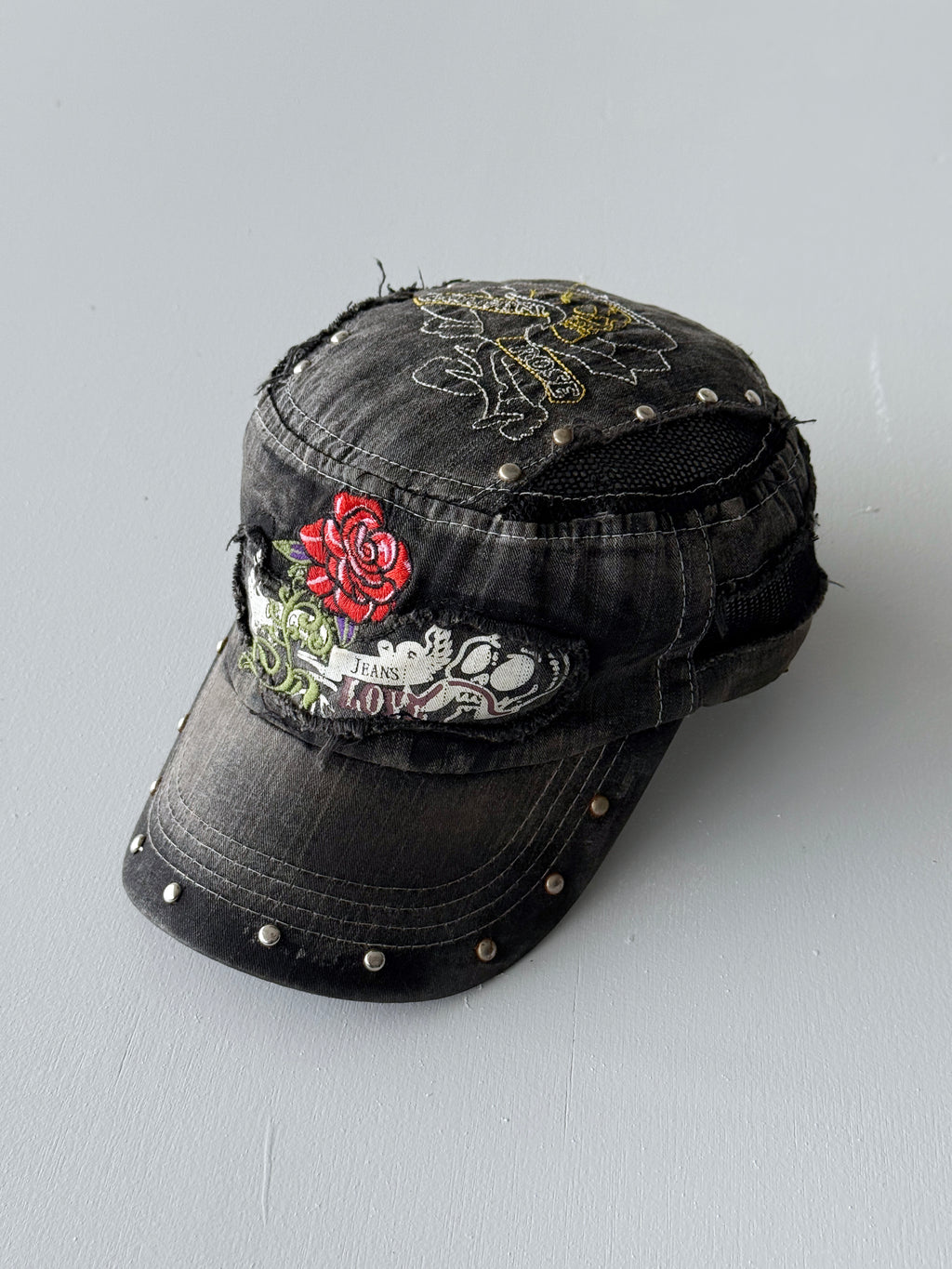 Grey Rose Studded Distressed Y2K Cadet Cap Military Style 00's Grunge Aesthetic