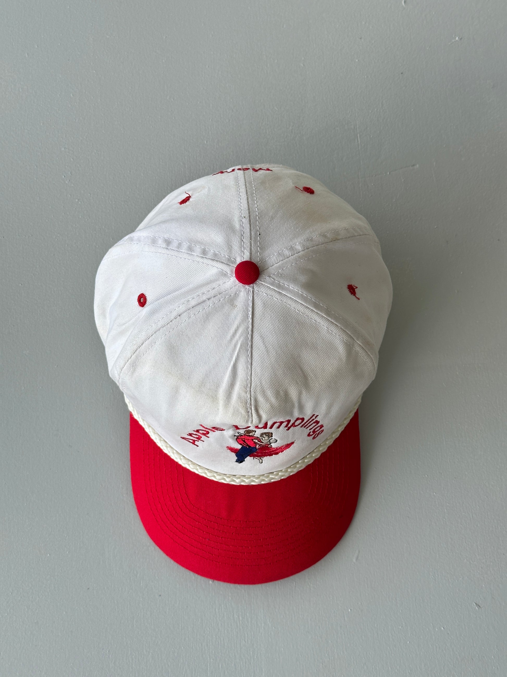 White / Red Apple Dumplings Square Dancing 90's Vintage SnapBack Trucker Cap