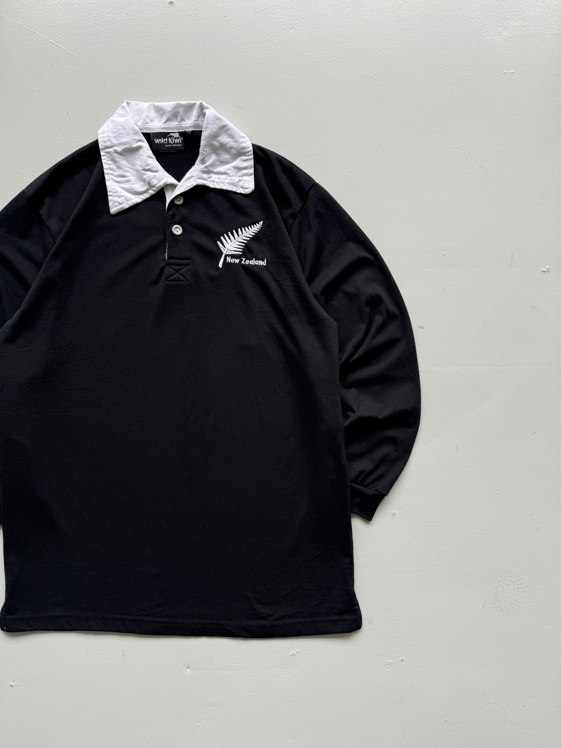 New Zealand 90's Vintage Long Sleeve All Black Rugby Polo Jersey - Medium