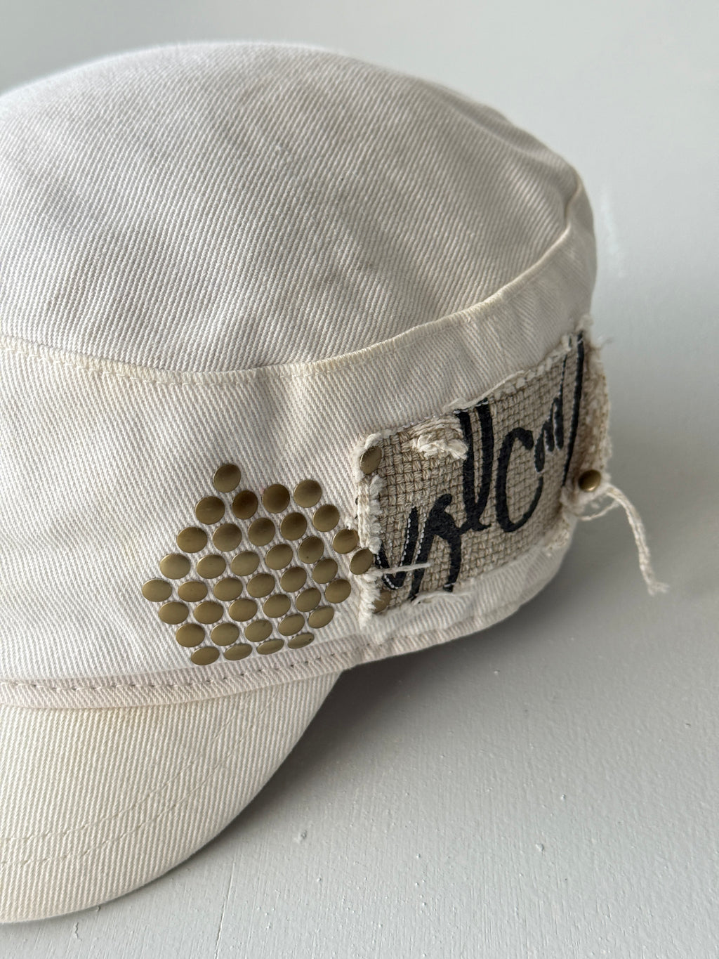White Volcom Studded Surf Y2K Cadet Cap Military Style 00's Grunge Aesthetic