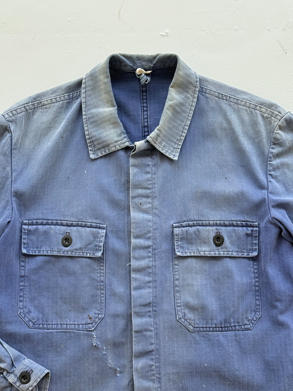 Thrashed Blue Herringbone French Vintage Workwear Chore Jacket CH368 - Small