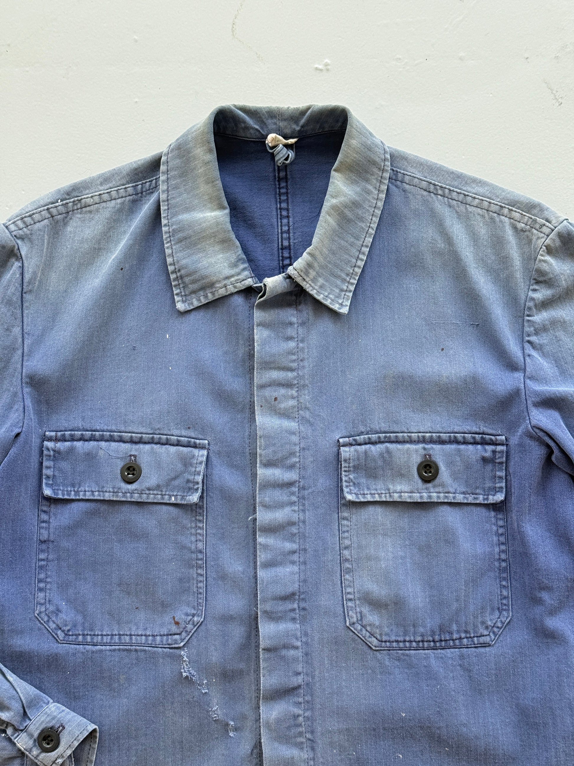 Thrashed Blue Herringbone French Vintage Workwear Chore Jacket CH368 - Small