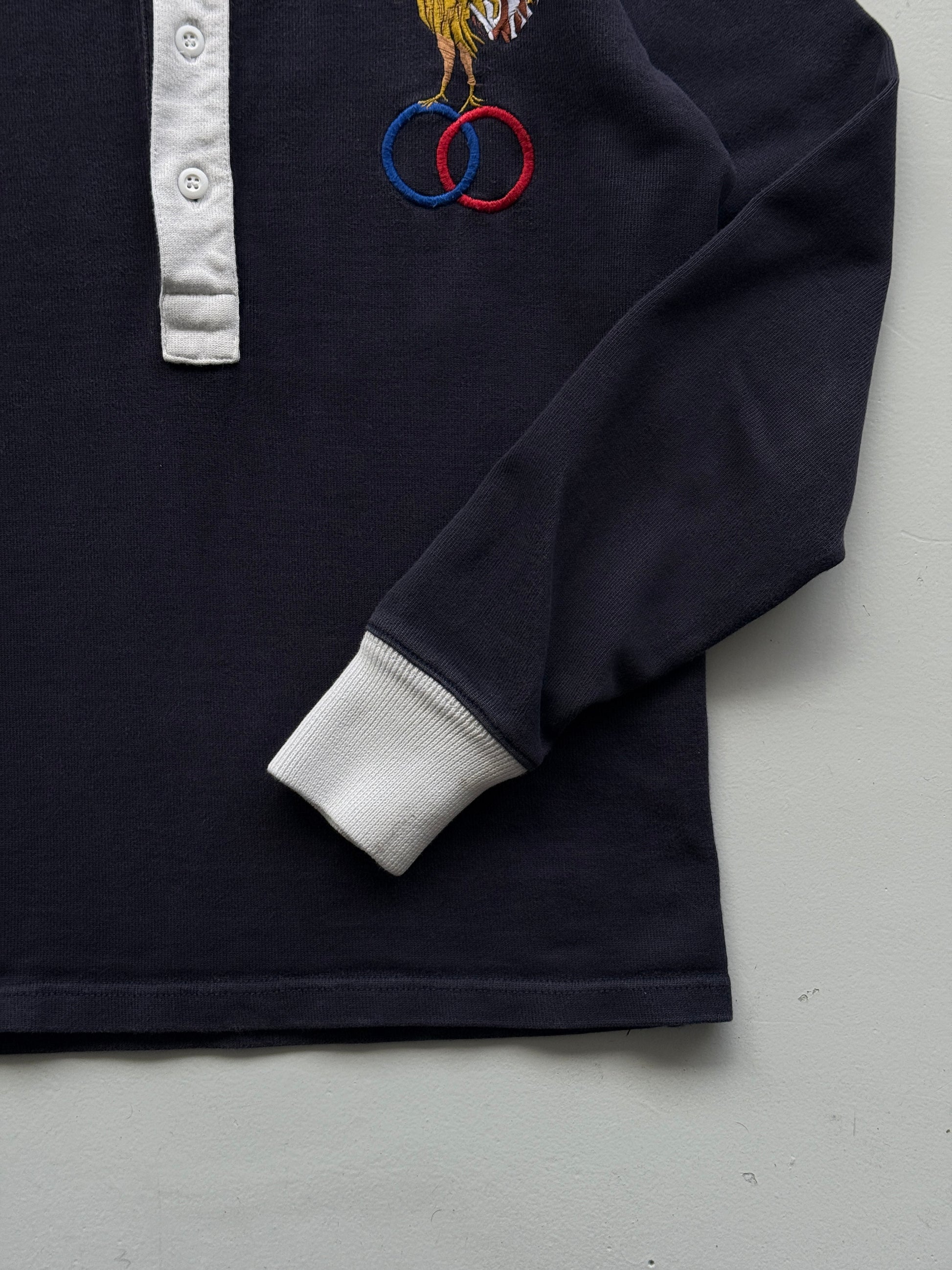 Navy Blue French Rugby 90's Vintage Long Sleeve Jersey Polo - Medium