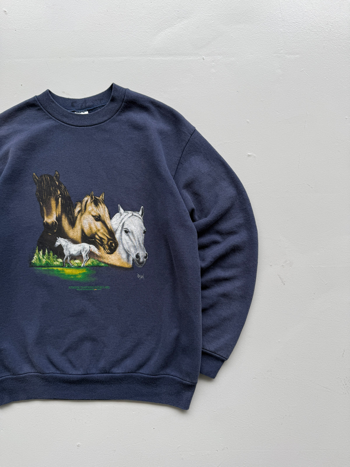 Faded Navy Horse Graphic 90's Vintage Sweatshirt - Small