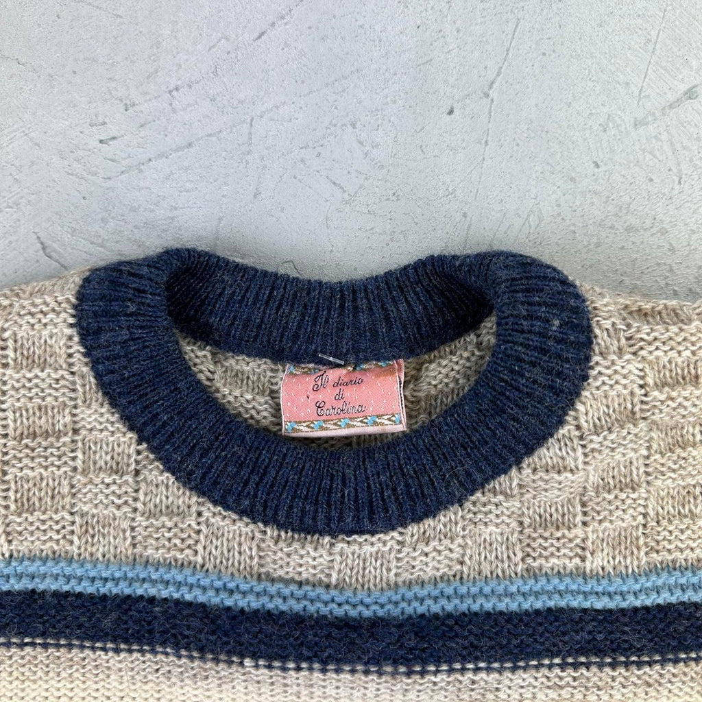Cream / Navy 90's Woollen Knitted Sweatshirt - Small