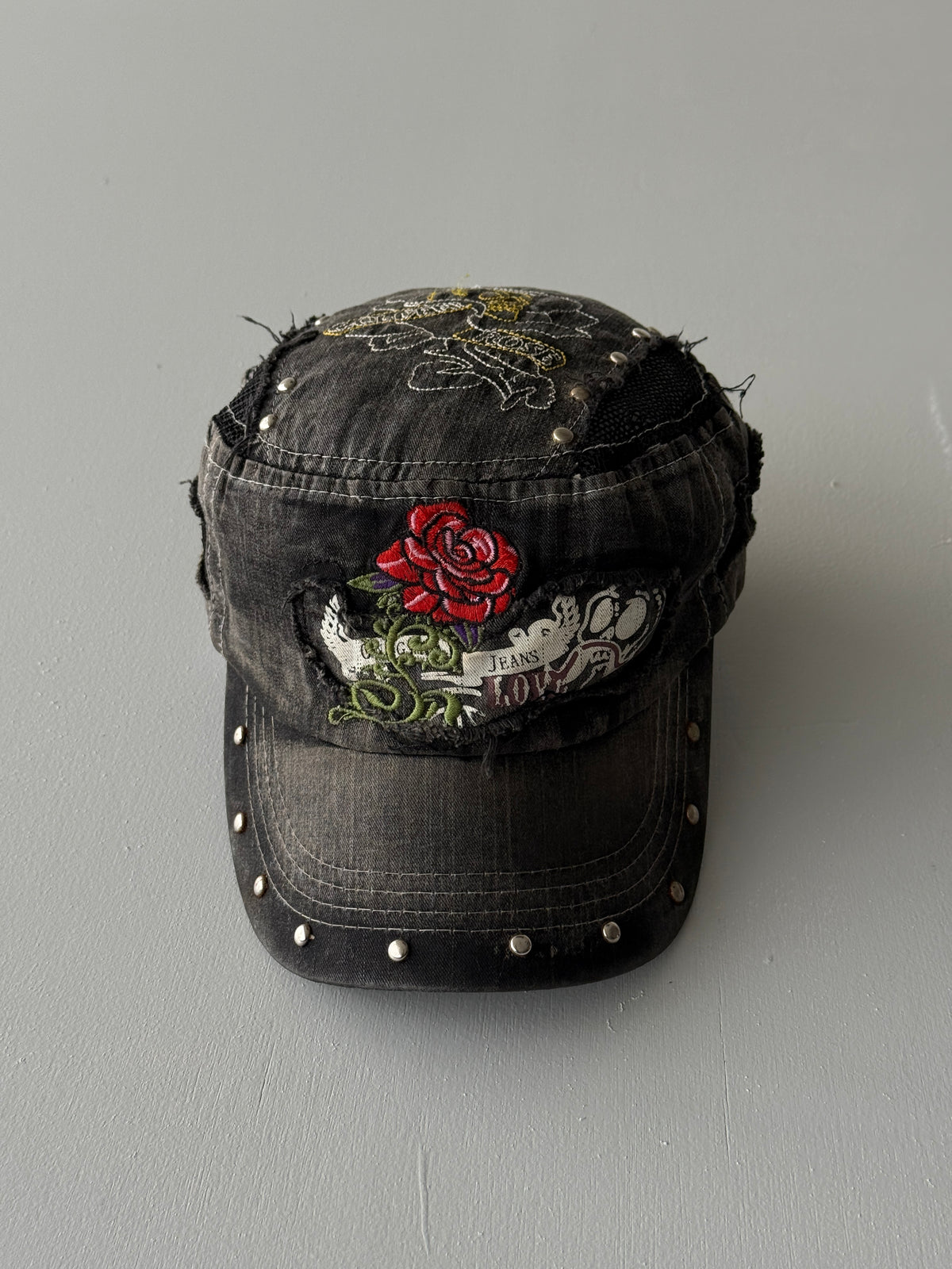 Grey Rose Studded Distressed Y2K Cadet Cap Military Style 00's Grunge Aesthetic