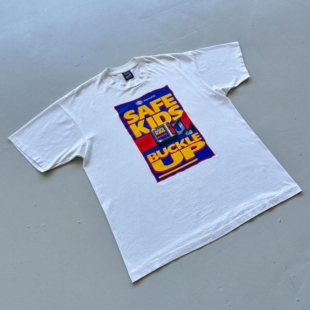 White Esso Safe Kids Buckle Up 90s Vintage T-shirt - XL