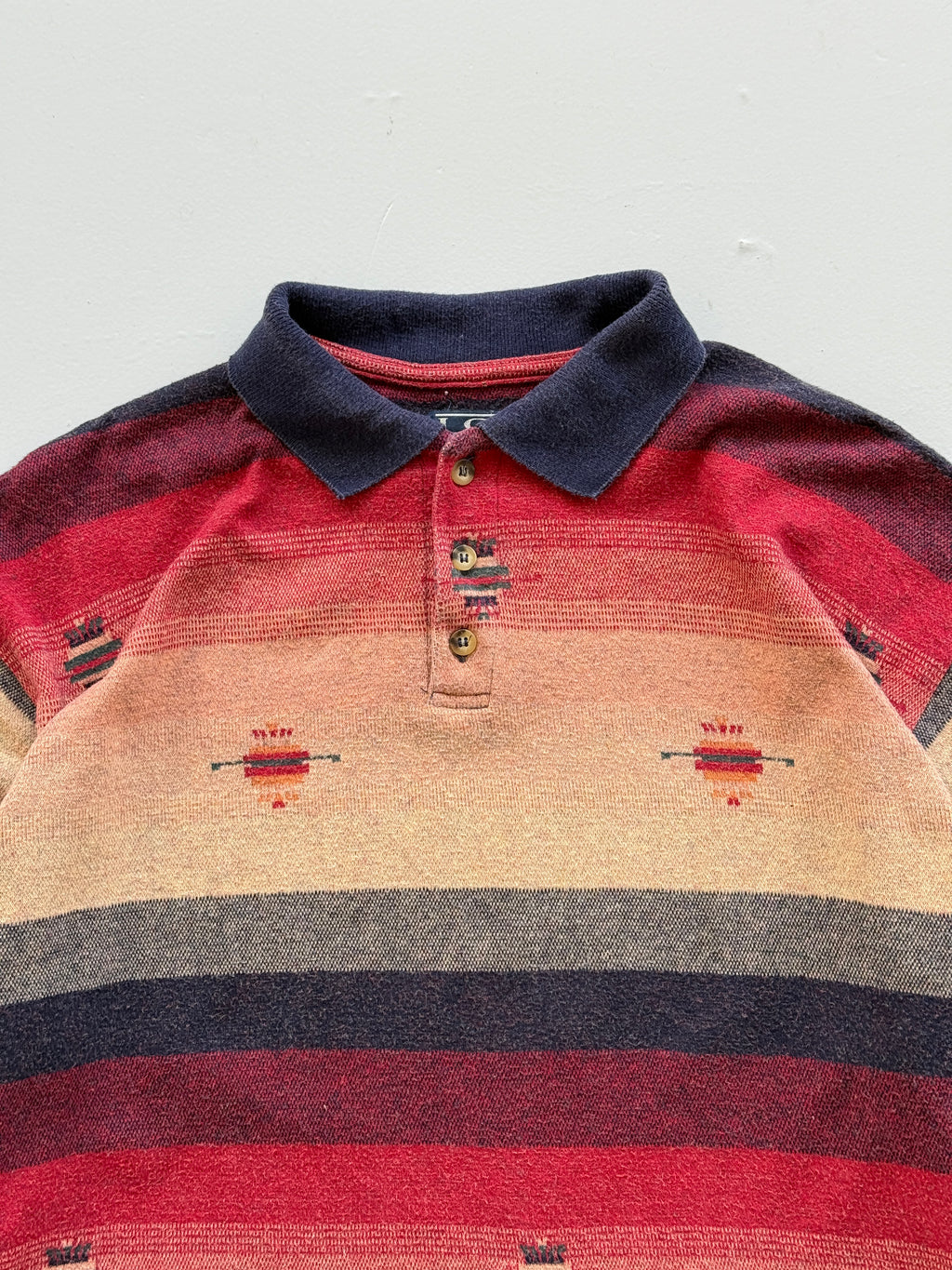 Navajo Aztec Stripe 90's Vintage Long Sleeve Cotton Polo - Medium