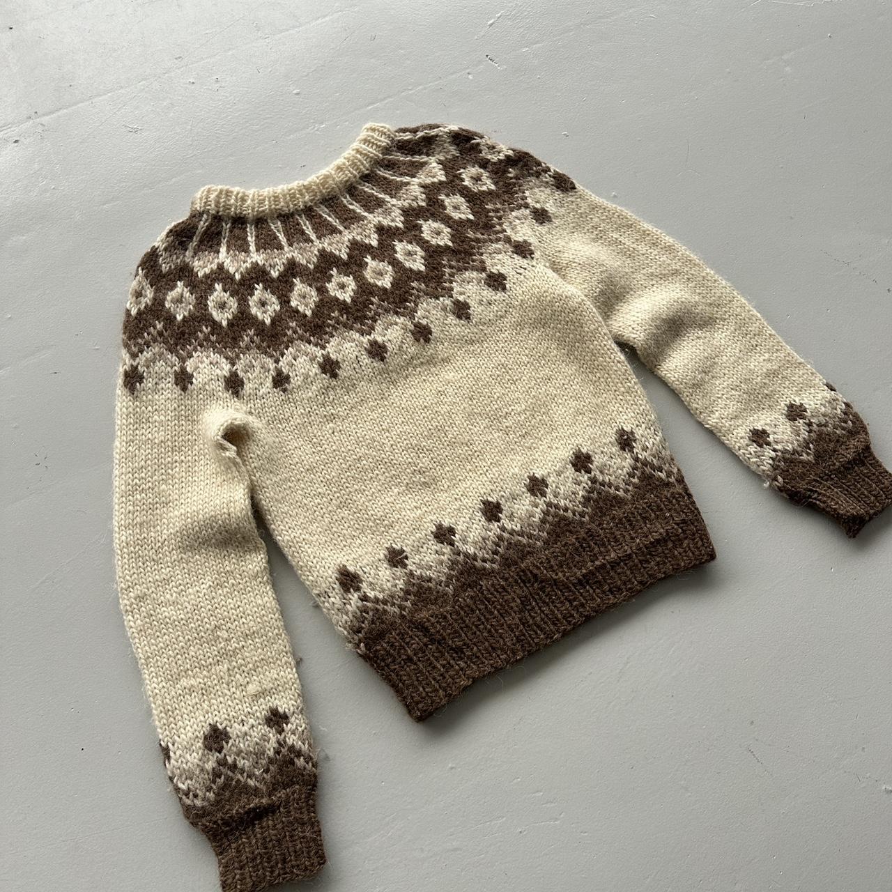 Cream Brown Patterned Hand Knit Vintage Woollen Jumper - Large 10/12