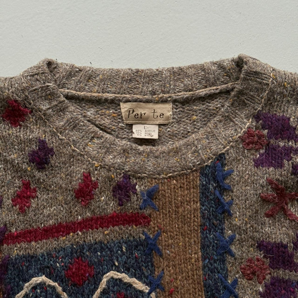 Brown Woollen 90's Vintage Patchwork Pattern Knit Jumper - Mens Large - Womens 12