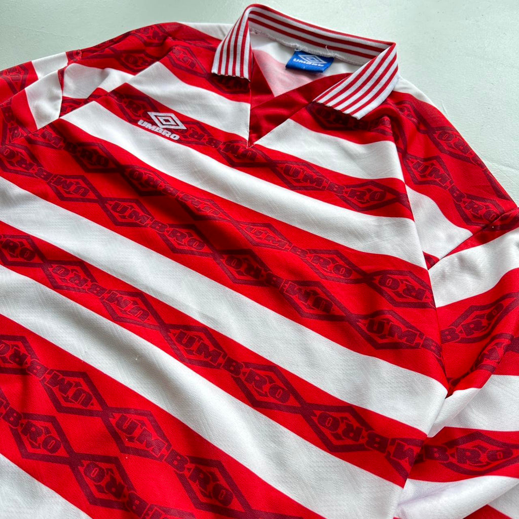 Red Striped 90's Umbro Football Long Sleeved Vintage Shirt - Large