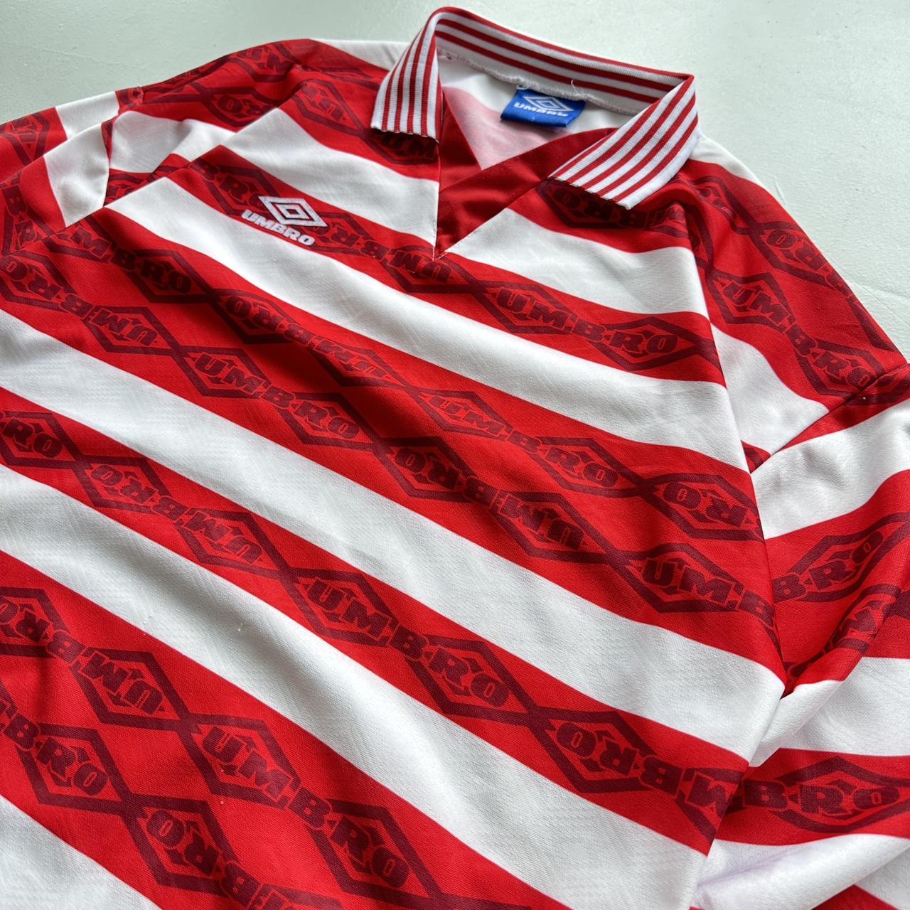 Red Striped 90's Umbro Football Long Sleeved Vintage Shirt - Large