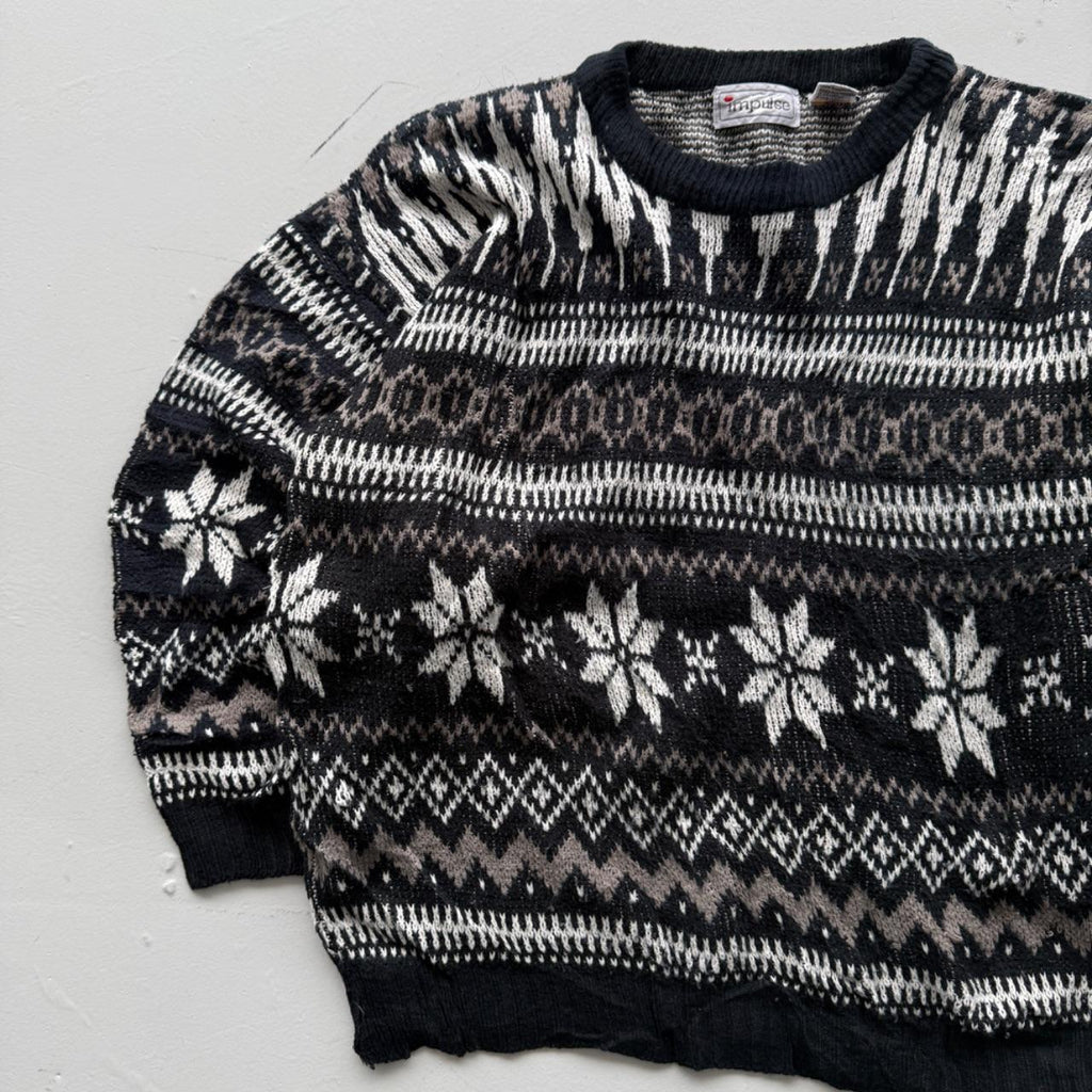 Black Striped 90's Vintage Christmas Pattern Knit Jumper - Medium