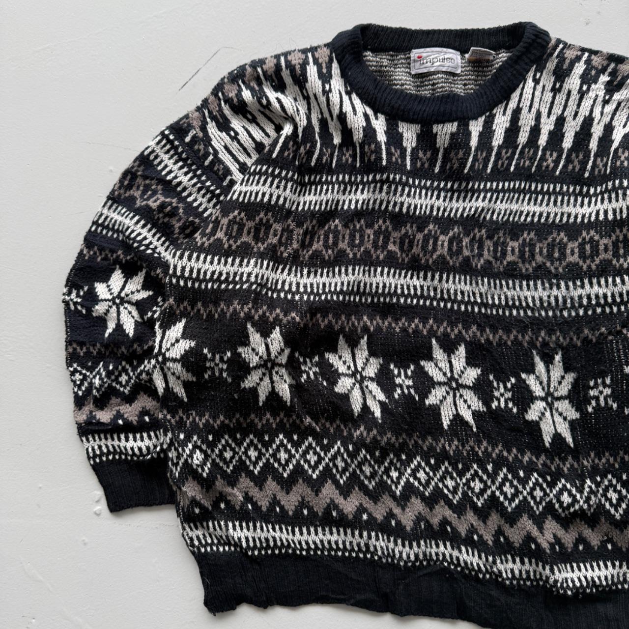 Black Striped 90's Vintage Christmas Pattern Knit Jumper - Medium