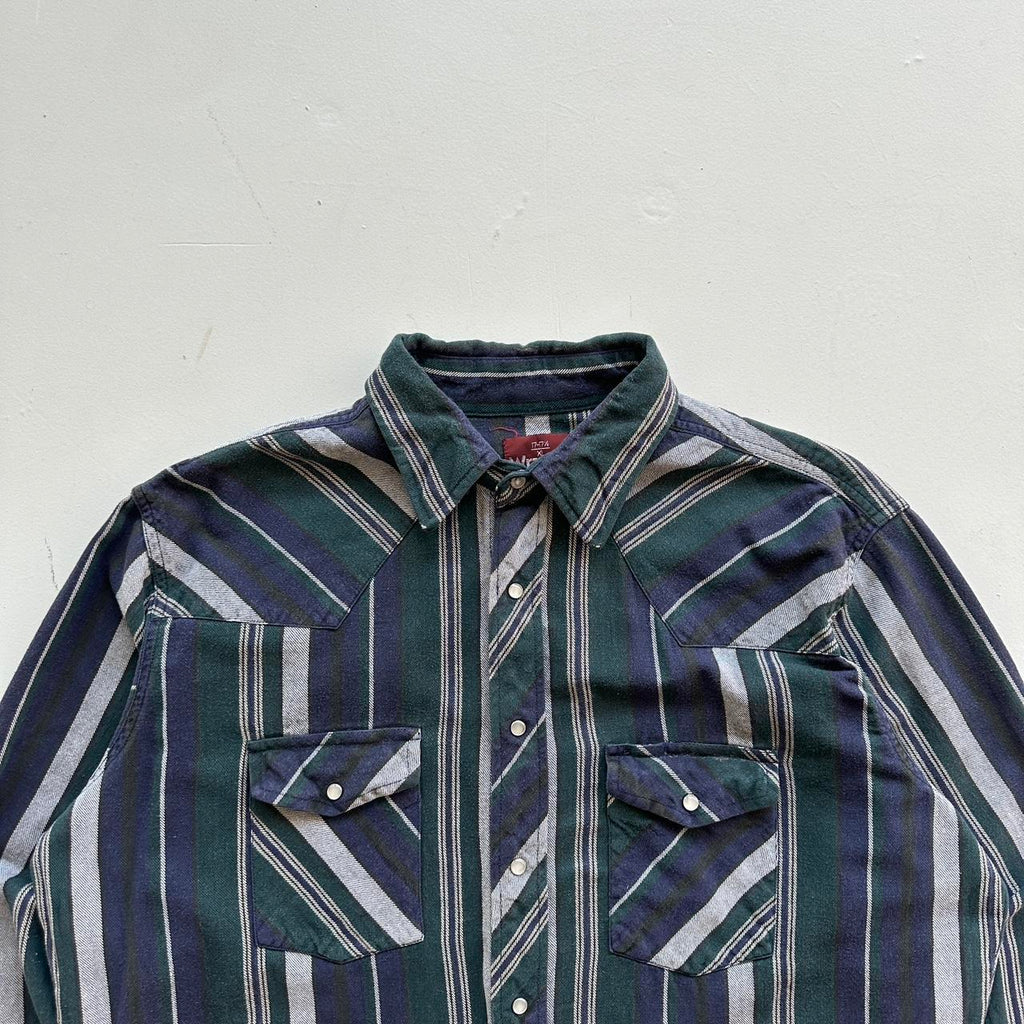 Navy Blue and Green Vintage Western Wrangler Shirt - XL