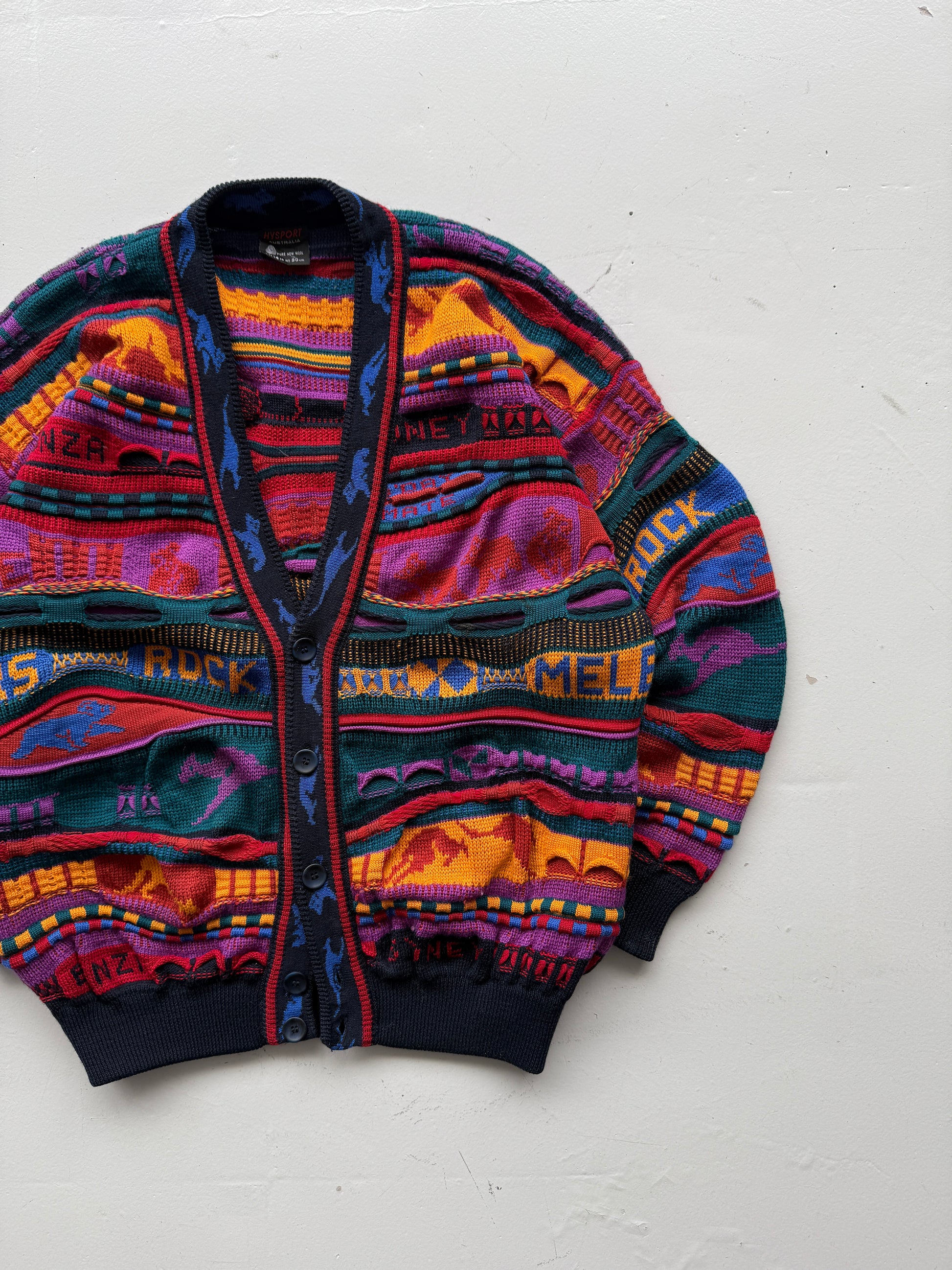 Colourful 3D Knit Woollen 90's Australian Hysport Cardigan -14 / Mens Medium