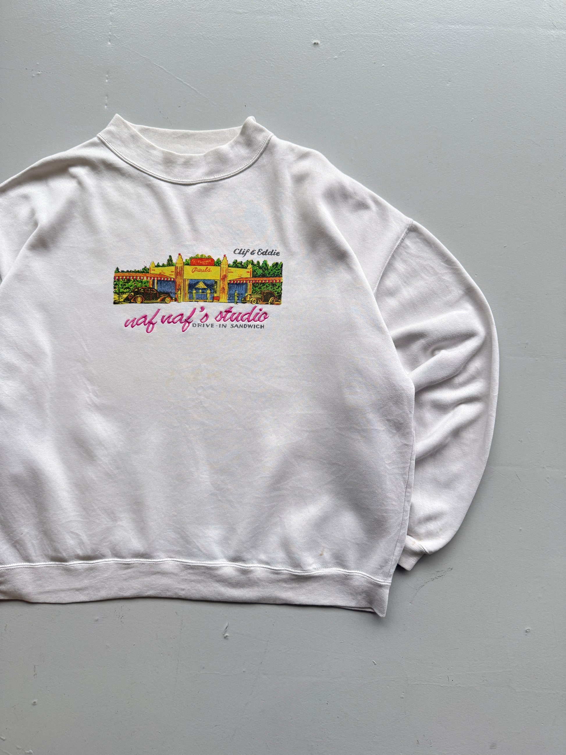 White Naf Naf 90's Vintage Graphic Sweatshirt Jumper - Large