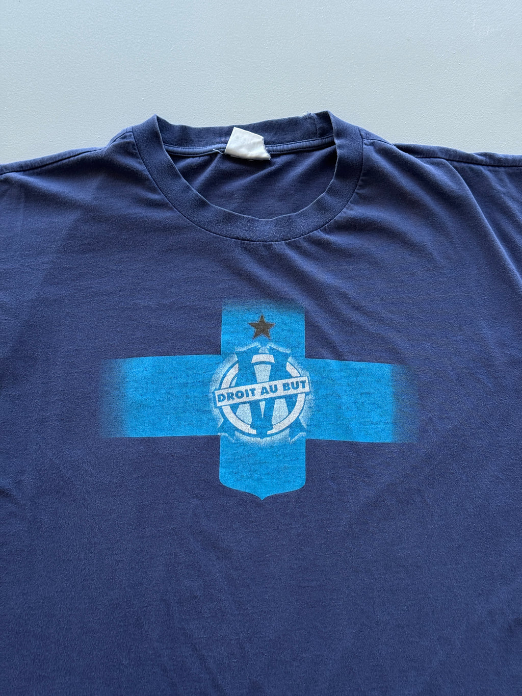 Navy Olympique de Marseille Droit Au But 90's Vintage Football Graphic T-Shirt -