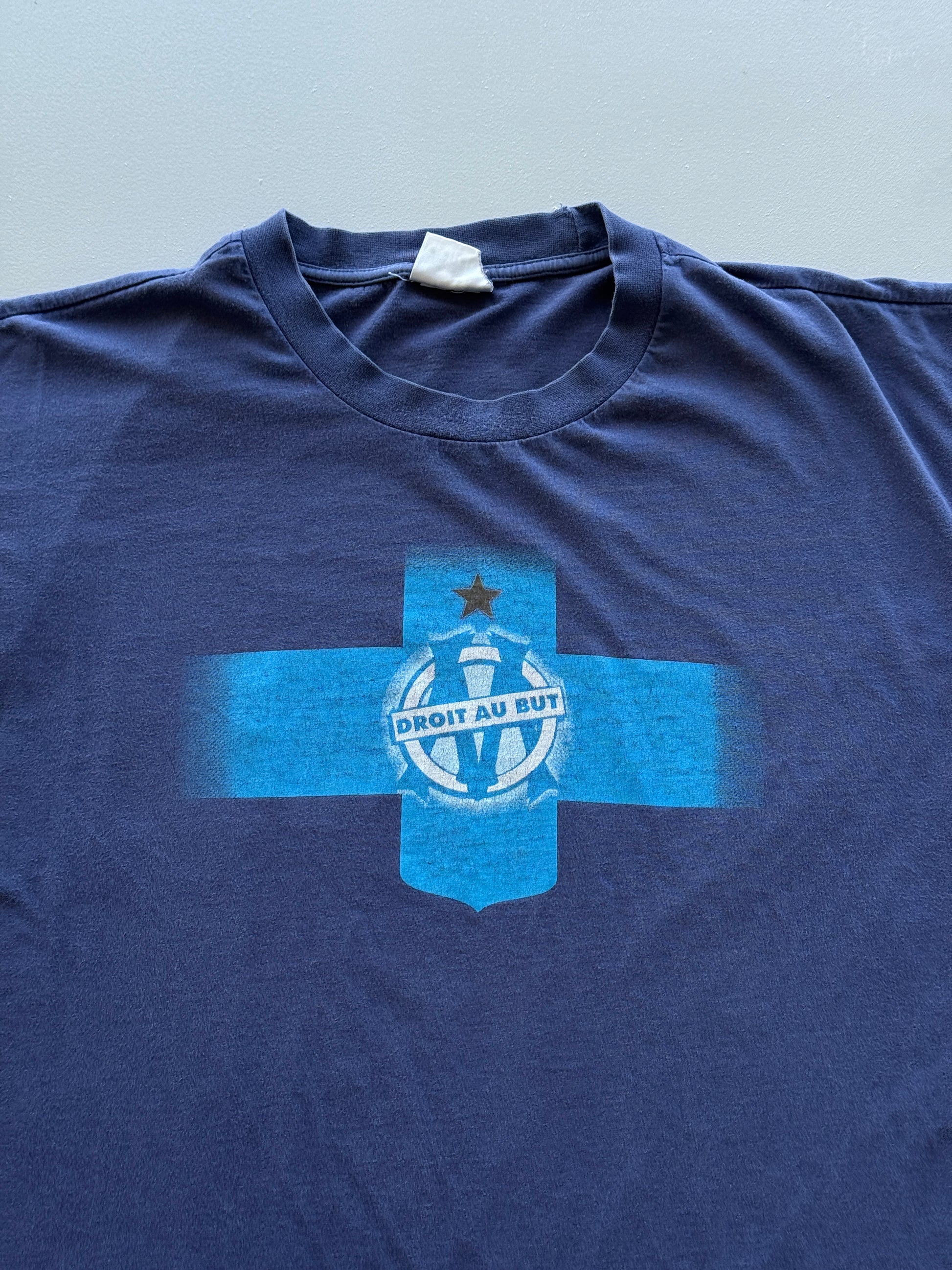 Navy Olympique de Marseille Droit Au But 90's Vintage Football Graphic T-Shirt -