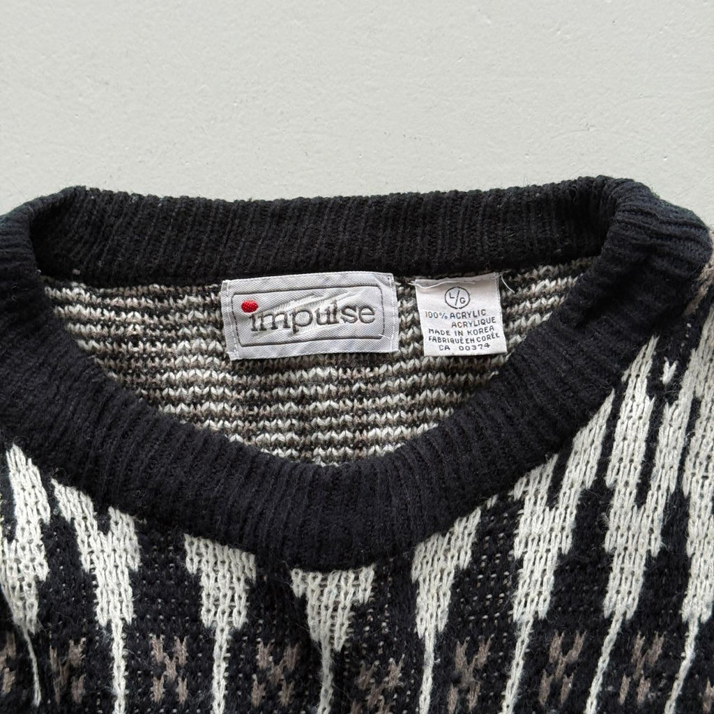 Black Striped 90's Vintage Christmas Pattern Knit Jumper - Medium