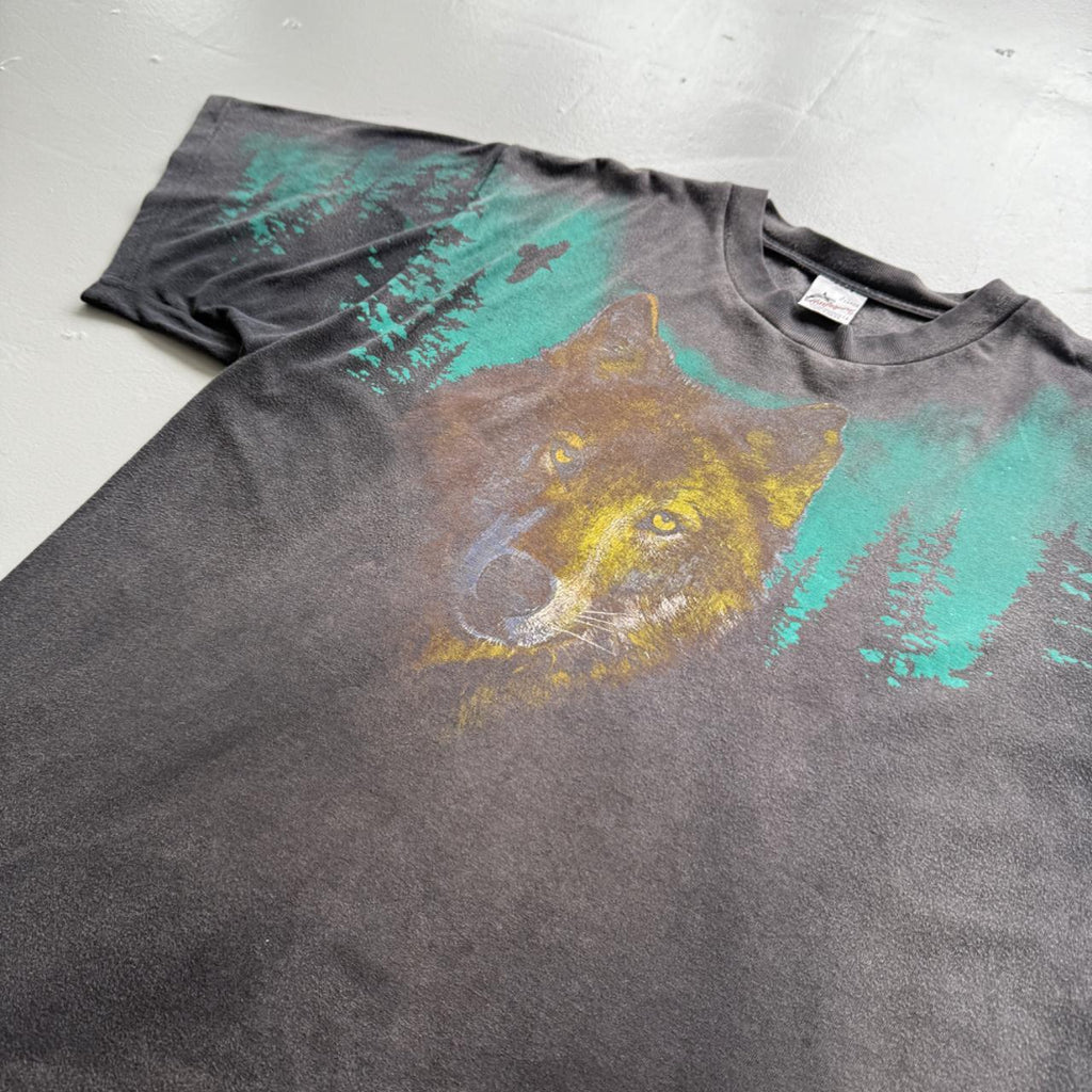 Faded Black Wolf 90s Vintage Graphic T-Shirt - Large