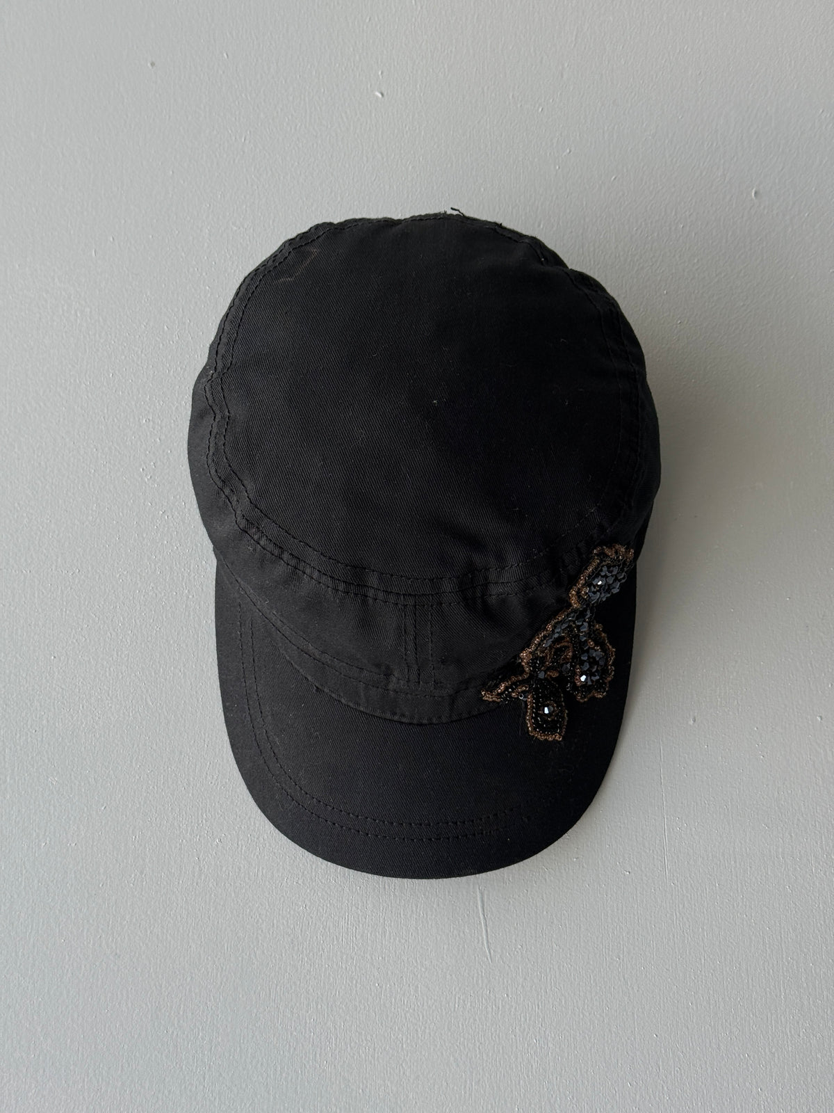 Black Studded Crucifix Y2K Cadet Cap Military Style 00's Grunge Aesthetic
