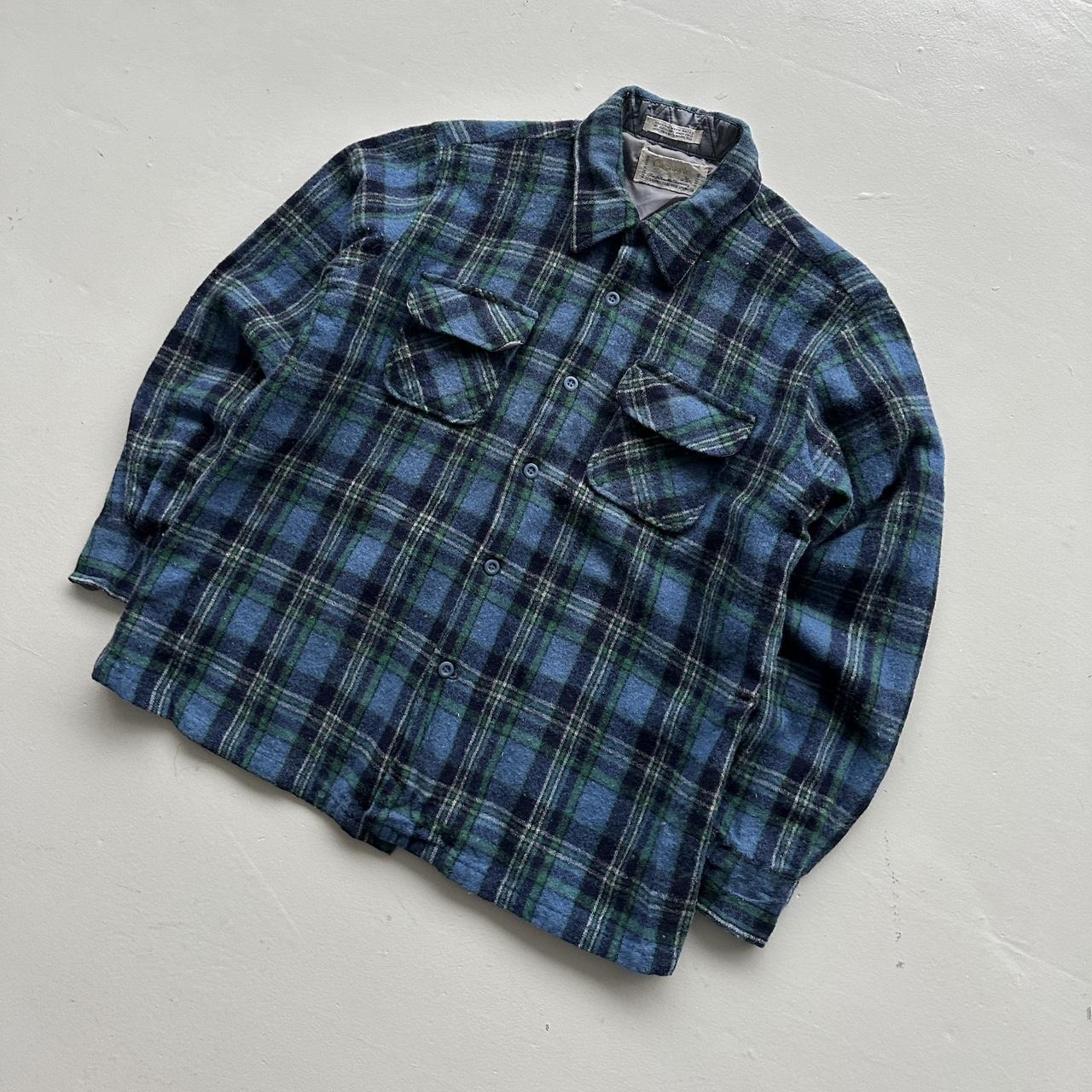 Green Blue Cascade Woollen Checkered Long Sleeve 60s Vintage Flannel Shirt - Small