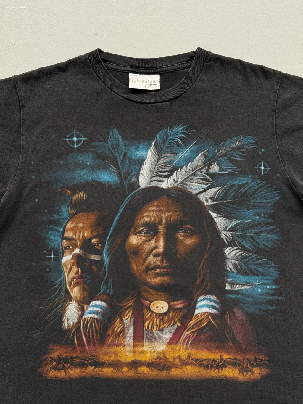 Faded Black Native American Chief 90's Vintage Graphic T-Shirt - Medium