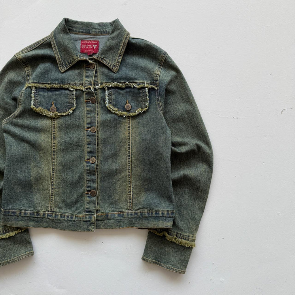 Blue Green Y2K Distressed Denim Jacket - Medium
