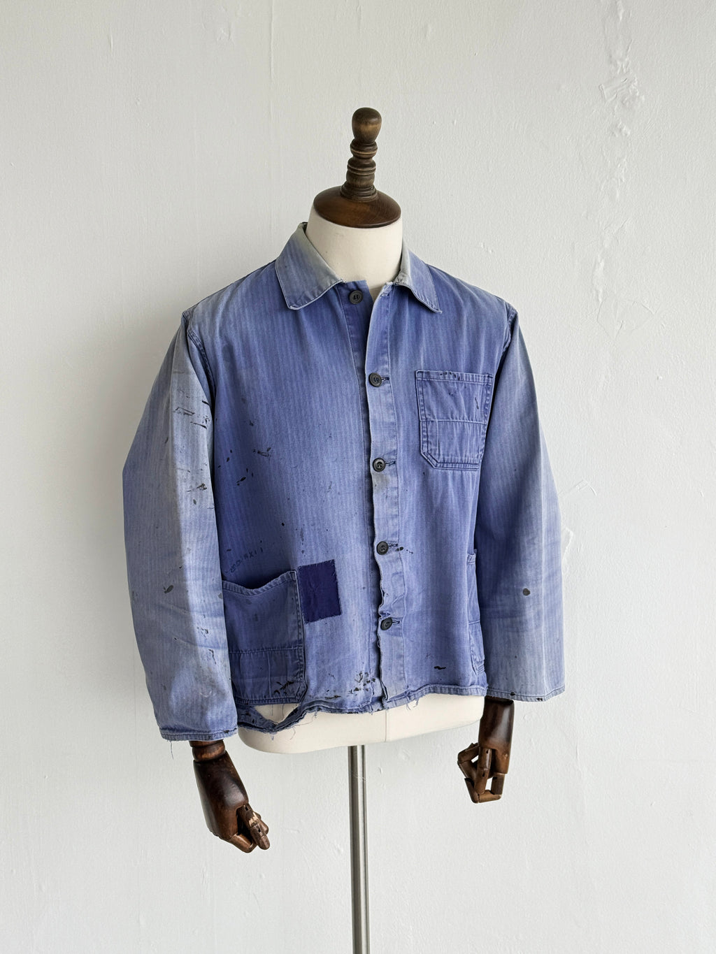 Thrashed Blue Herringbone 60's French Vintage Workwear Chore Jacket CH382 - Smal
