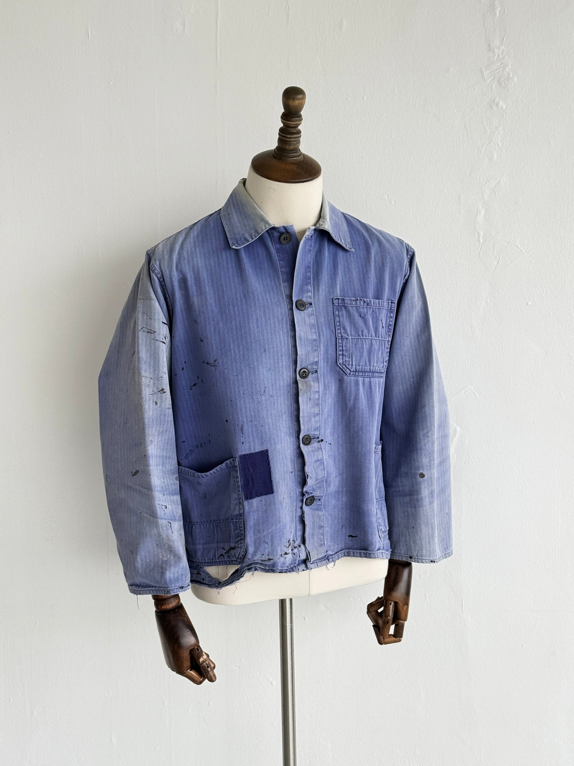 Thrashed Blue Herringbone 60's French Vintage Workwear Chore Jacket CH382 - Smal