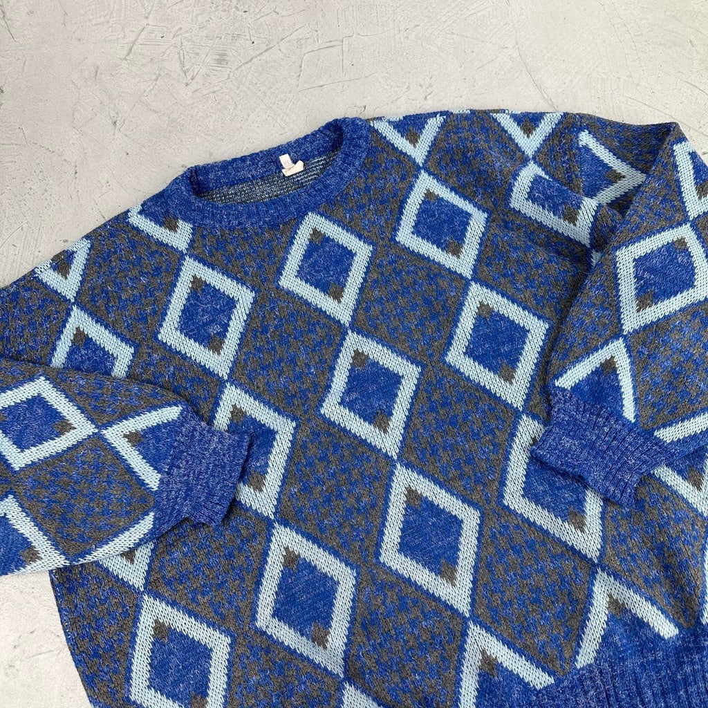 Blue Patterned 80's Knitted Sweatshirt - Medium