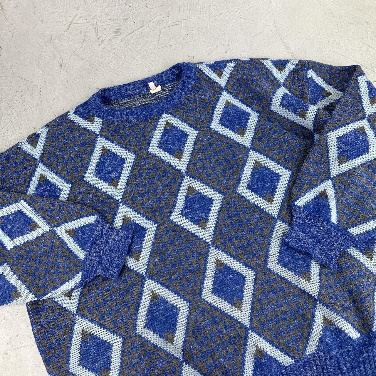 Blue Patterned 80's Knitted Sweatshirt - Medium