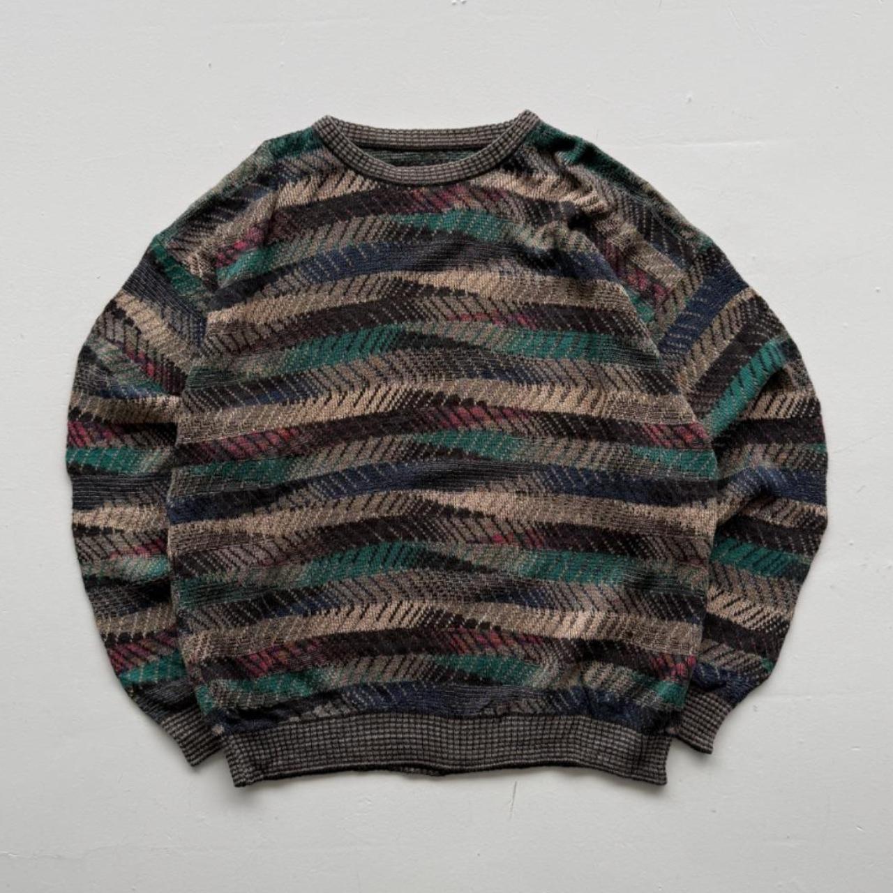 Green Blue Striped Knitted 80s Vintage 3D Knit Jumper - XXL
