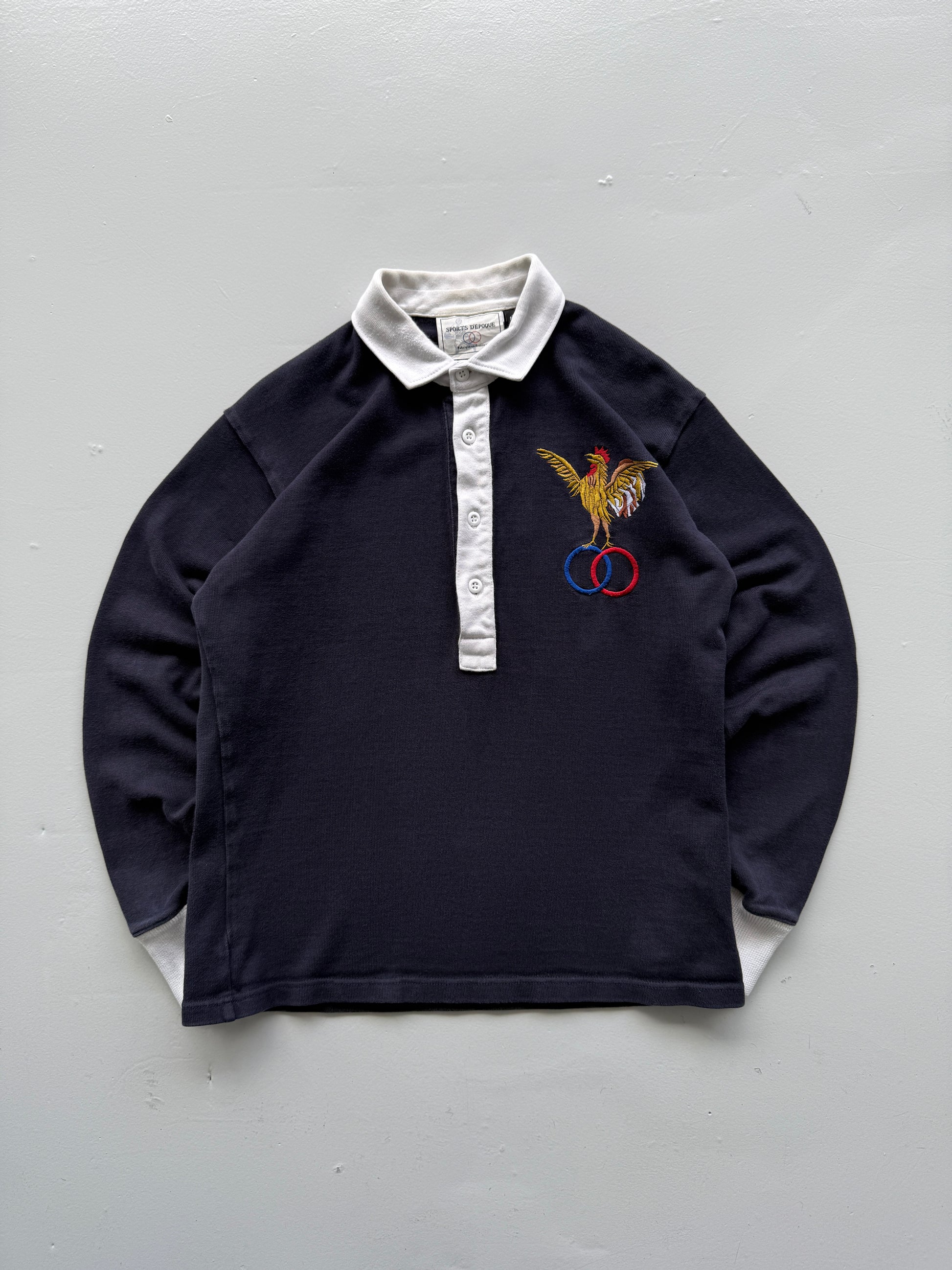 Navy Blue French Rugby 90's Vintage Long Sleeve Jersey Polo - Medium