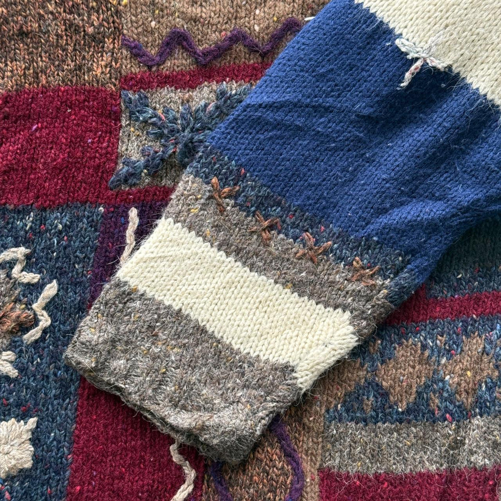 Brown Woollen 90's Vintage Patchwork Pattern Knit Jumper - Mens Large - Womens 12