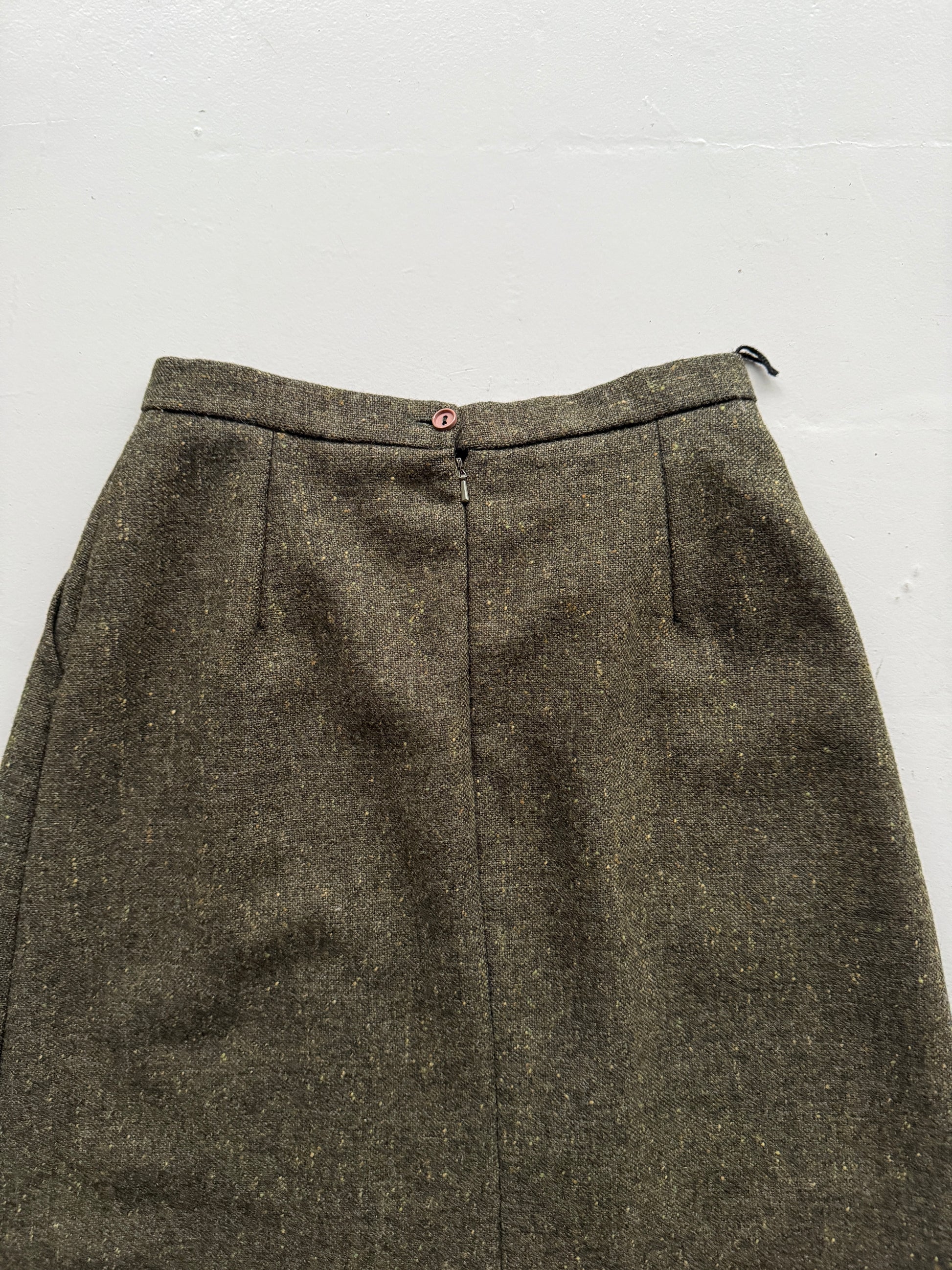 Dark Green Woollen 80's Vintage Midi High Waisted Pleated Pencil Skirt - UK 12