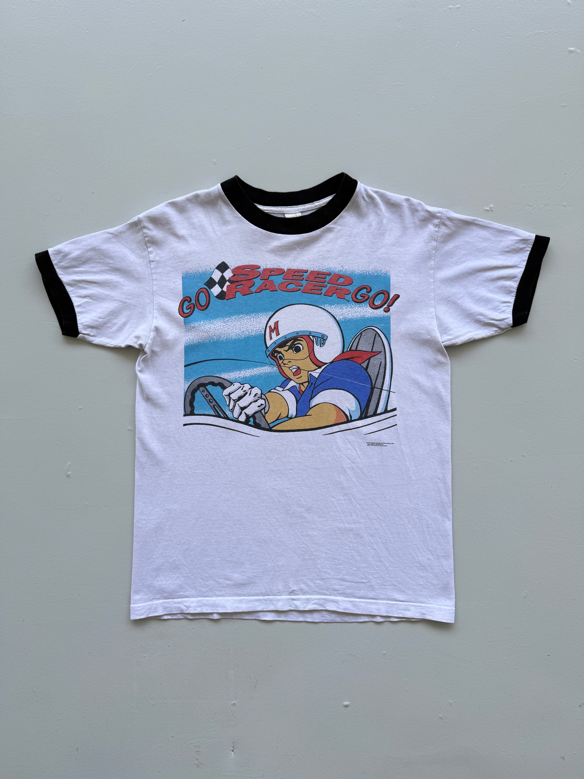 White Speed Racer 90's Vintage Anime Graphic Ringer T-Shirt - Medium