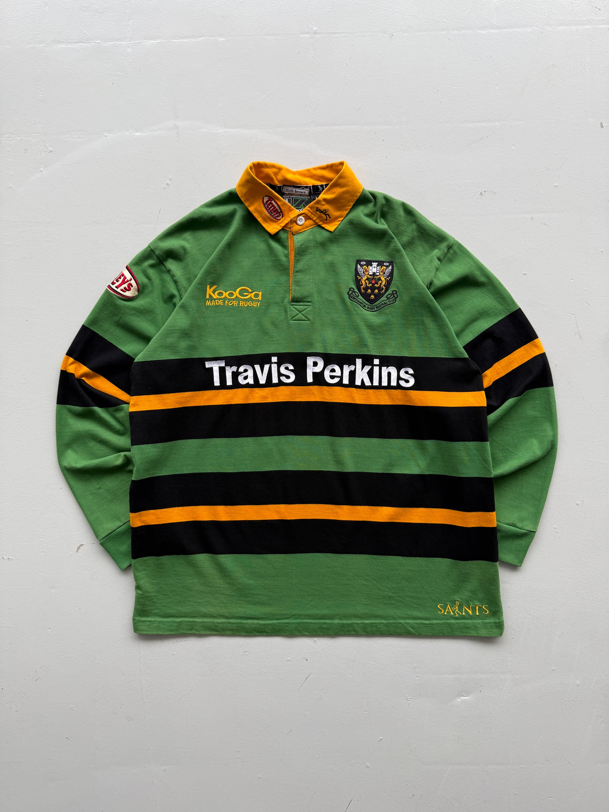 Green Striped Northampton Saints Rugby 00's Vintage Long Sleeve Jersey - XL