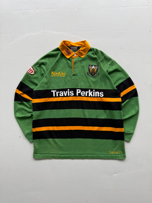 Green Striped Northampton Saints Rugby 00's Vintage Long Sleeve Jersey - XL