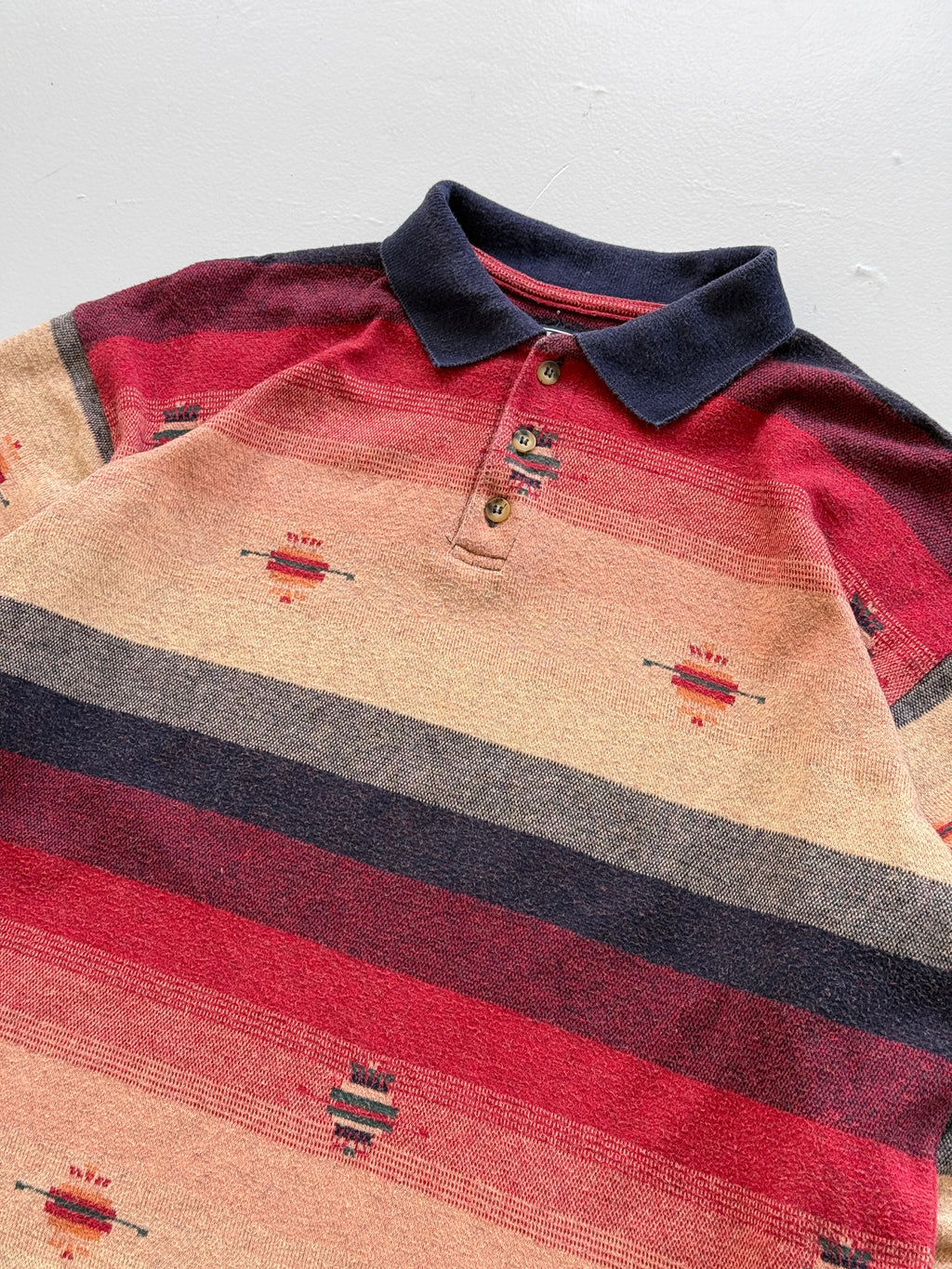 Navajo Aztec Stripe 90's Vintage Long Sleeve Cotton Polo - Medium