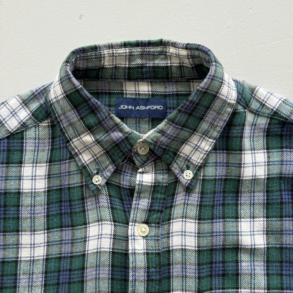 Green and Blue Checkered Long Sleeve 90s Vintage Flannel Shirt - Large